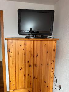 a television sitting on top of a wooden cabinet at Pension FAULPELZ - Doppelzimmer Standard in Niederorschel