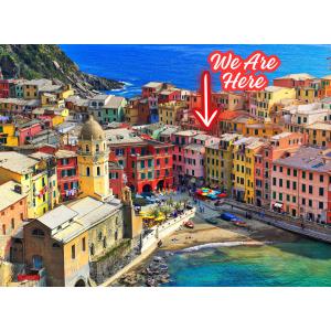 a view of a city with the words we are here at The Vernazza Main Plaza - Rooms & Apartment in Vernazza