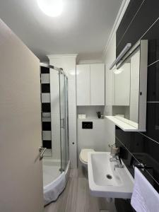 ein Bad mit einem Waschbecken, einer Dusche und einem WC in der Unterkunft Bellissima by the Sea in Makarska