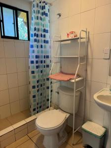 a bathroom with a toilet and a sink at Cabañas Tangaroa y Hamea in Hanga Roa