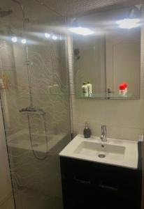 a bathroom with a sink and a shower with a shower at Villa Cachiman in Pointe-Noire +5 photos