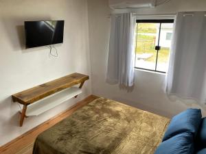 uma sala de estar com um sofá e uma televisão na parede em Loft BR 282 em Lages