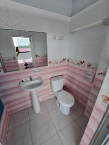 Baño de color rosa con aseo y lavamanos en Casa Alojamiento Picuro Lodgind, en Iquitos