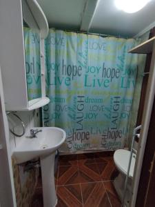 a bathroom with a shower curtain with the word love at CASA EN LOS VERDES in Iquique