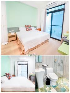 Habitación de hotel con cama y baño en Penghu I Stay I, en Magong