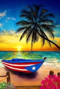 a painting of a boat on the beach with a palm tree at Brisas de Borinquen in Aguadilla