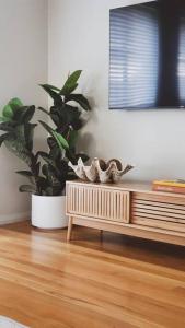 a potted plant in a living room with a table at DUNES Anna Bay, house close to beach, big yard in Anna Bay +10 photos