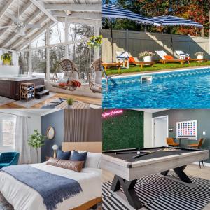 a collage of photos of a bedroom and a pool at Game Room+Hot Tub+Pool+King Beds+More in Gansevoort