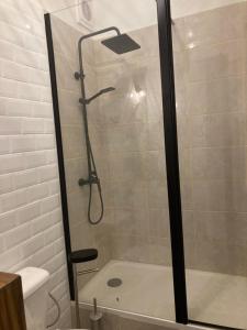 a shower with a glass door in a bathroom at Coup de cœur en Brenne in Martizay