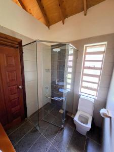 a bathroom with a glass shower and a toilet at Od Kidi Cottages in Migori