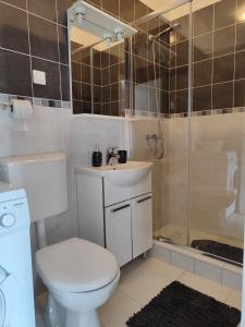 ein Bad mit einem WC, einer Dusche und einem Waschbecken in der Unterkunft Apartments Harriet in Dubrovnik