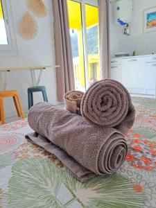 sterta ręczników na łóżku w obiekcie Bungalow Jazz - Bassin Manapany-Les-Bains w mieście Saint-Joseph