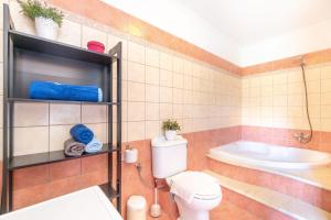 a bathroom with a toilet and a bath tub at Ilios Country house in Arillas +20 photos