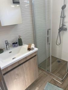 a bathroom with a sink and a shower at Anastasia Apartment in Kalivia Poligirou
