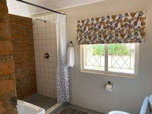 a bathroom with a shower curtain and a window at Gartmore Guest Farm in Howick