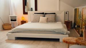 una camera da letto con un grande letto bianco con cuscini di Les Jardins de Nicole a La Plaine des Cafres