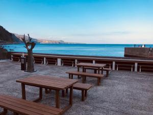 un grupo de bancos sentados junto al océano en Izu Hokkawa Seaside Guesthouse 伊豆北川の家, en Higashiizu