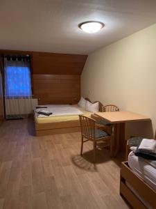 um quarto com uma cama, uma secretária e uma mesa em Pension Sandsteinhöhle em Walldorf