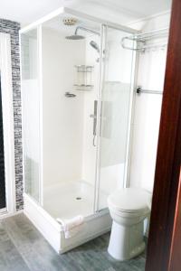 a bathroom with a shower and a toilet at Chalet Valentina directly on the Lauwersmeer in Anjum +40 photos