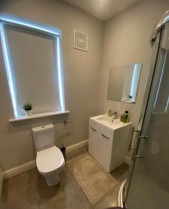 a bathroom with a toilet and a sink and a window at Extra large Room in new house at Citywest in Dublin