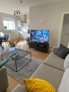 a living room with a couch and a flat screen tv at Extra large Room in new house at Citywest in Dublin