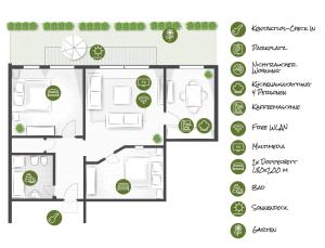 a floor plan of a house withcellaneous amenities at BESOTEL Erkrath- Ferienwohnungen und Apartments in Erkrath