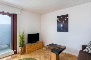 ein Wohnzimmer mit einem TV und einem Tisch in der Unterkunft Ferienwohnung Schwarzwaldblick in Weil am Rhein