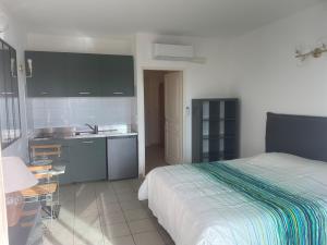 a bedroom with a bed and a sink and a kitchen at Studio 28 m2 PORTICCIO Centre in Porticcio +8 photos