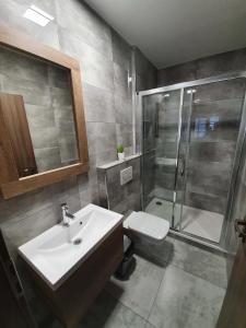 uma casa de banho com um lavatório e um chuveiro em DomirexGroup Apartments em Lučenec