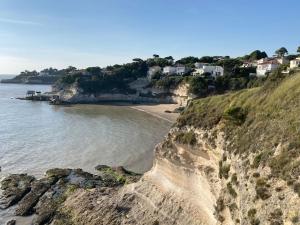 uma vista para uma praia com casas num penhasco em Villa 4* Proche centre et plage. Animaux bienvenus em Meschers-sur-Gironde