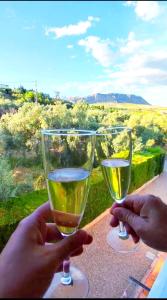 duas pessoas a segurar copos de vinho numa mesa em Casa Lo Pinto Private Pool Villa South of El Torcal em La Joya