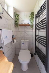 La salle de bains est pourvue de toilettes blanches et de plantes. dans l'établissement Deluxe House Maj, à Brežice