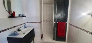 a white bathroom with a shower and a sink at L'AMBROISINE in Saint-Ambroix +13 photos