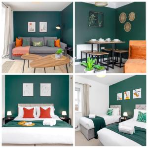four different pictures of a bedroom with green walls at Modern 2-Bed Townhouse in Kirkdale in Liverpool