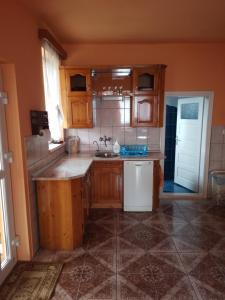 eine kleine Küche mit Holzschränken und einem Waschbecken in der Unterkunft Timi Kulcsosház in Lăzarea