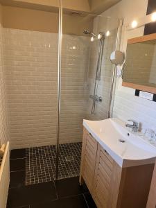 a bathroom with a shower and a sink at Logis Hôtel Le Manoir Des Portes in Lamballe