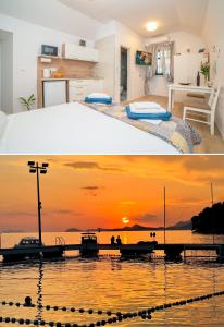 a kitchen and a bedroom with a view of the ocean at Studio apartment JELI in Cavtat