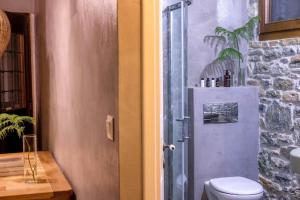a bathroom with a toilet next to a stone wall at Adama Villas & Guesthouses in Mouresi