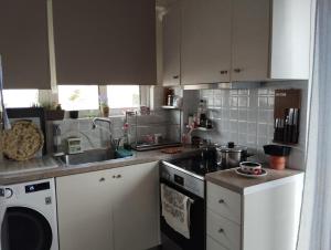 een keuken met een wastafel en een fornuis top oven bij Marilena's Apartment in Rafina