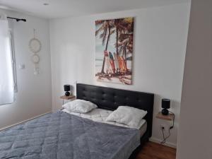 um quarto com uma cama e um quadro na parede em SAINT CYPRIEN Moderne 4 chambres et jardin em Saint-Cyprien