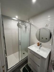een witte badkamer met een douche en een wastafel bij Élégante Maison d'Hôte Neuve in Villeneuve-le-Roi