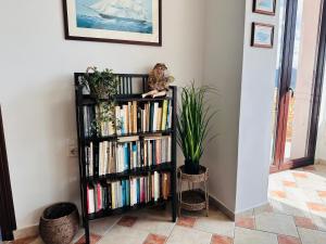 een boekenplank vol boeken met een kat erop bij Villas Lugrezia Sea View in Méson Yerakaríon +41 foto's