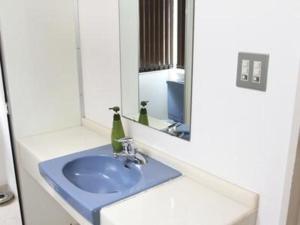 a bathroom with a blue sink and a mirror at Hotel Akai in Tokyo