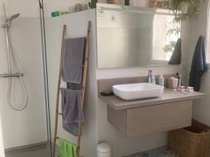 a bathroom with a sink and a mirror and a shower at Vamos a la playa - Côté mer in Cerbère +19 photos