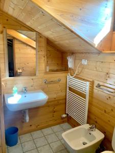bagno con lavandino e servizi igienici di Chalet del Lago a Ceresole Reale