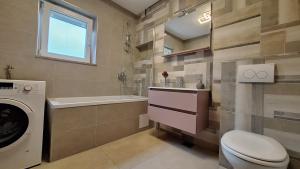 łazienka z toaletą, umywalką i pralką w obiekcie Istriamazing apartments w Puli +31 zdjęć