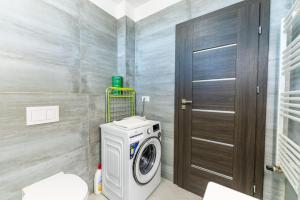 een wasmachine in een badkamer met een deur bij Deluxe 3 rooms central Arad in Arad