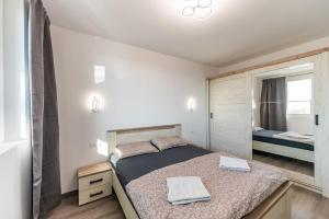 een slaapkamer met een bed en een spiegel bij Deluxe 3 rooms central Arad in Arad