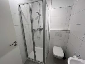 a bathroom with a shower with a toilet and a sink at Appartementhaus Nige Ooge Wohnung Nr 1 in Sahlenburg