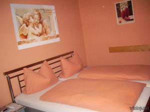 2 Einzelbetten in einem Schlafzimmer mit orangefarbenen Wänden in der Unterkunft Pension Haus Sonnenfels in Bodenmais